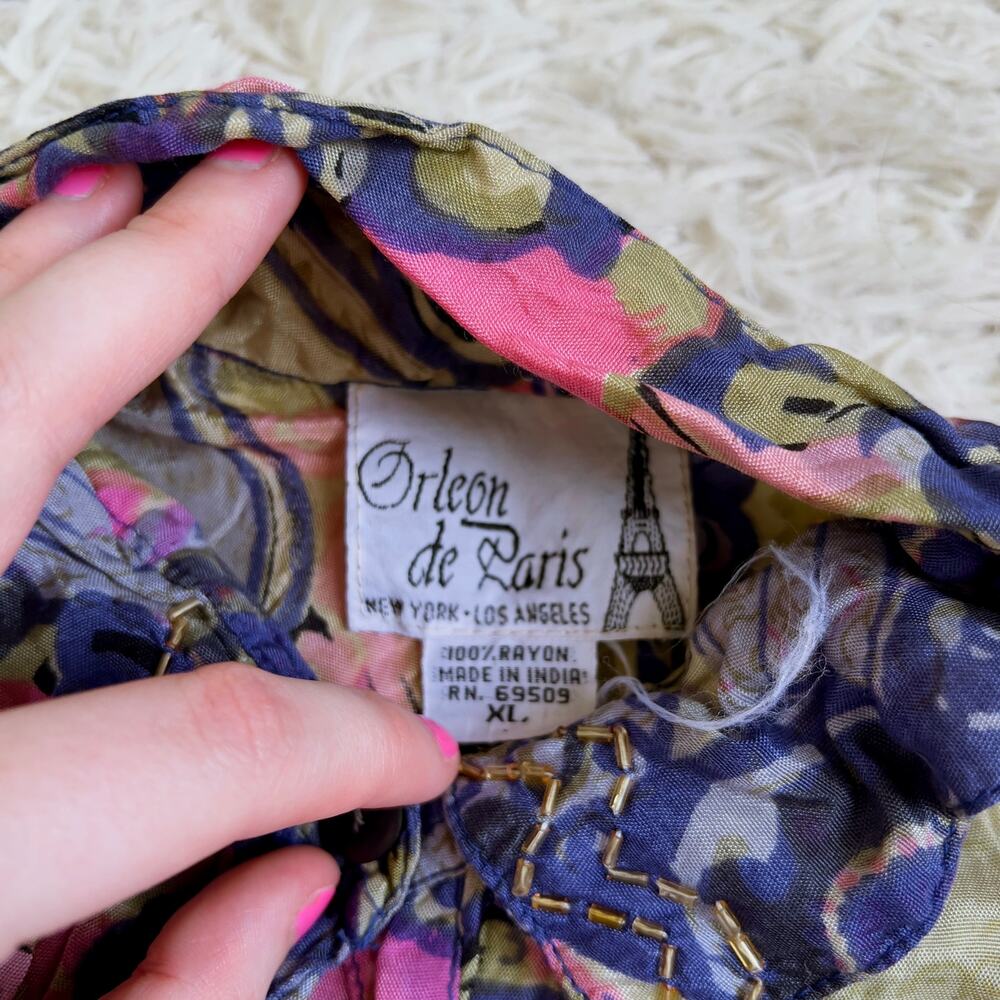 Vintage 1980s Orleon de Paris Abstract Print Whimsical Beaded Blouse Size XL - Picture 7 of 8